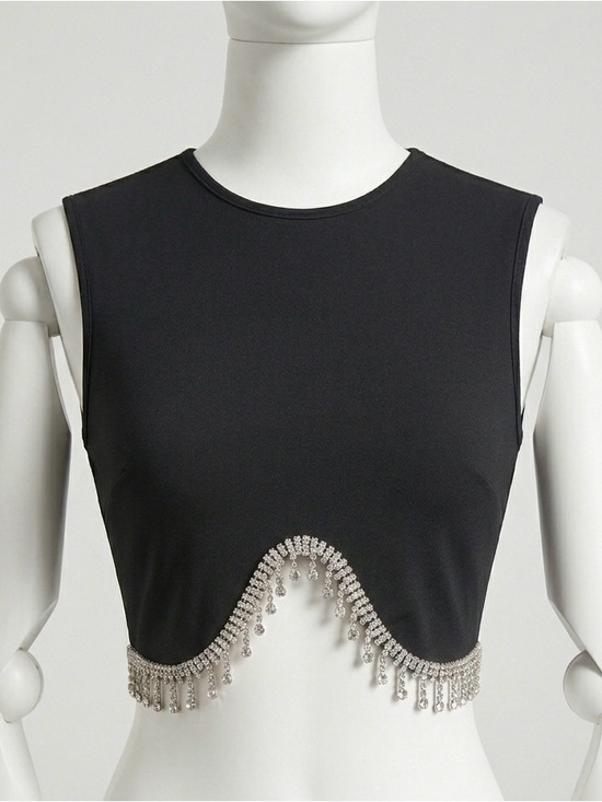 Tops - Black Sleeveless Crop Top with Rhinestone Fringe- size Small